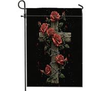 Drapeau de jardin gothique rose et croix, bannière florale rouge foncé, décoration de pelouse en plein air, parfaite pour Halloween et thèmes spirituels, 30,5 x 45,7 cm