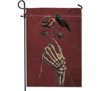 Drapeau de jardin gothique squelette de rose rouge, décoration vintage à la main pour Halloween, bannière double face en toile de jute pour décoration de pelouse extérieure, 30,5 x 45,7 cm