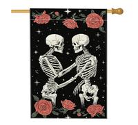 Drapeau de jardin gothique squelettes et roses, bannière florale noire pour décoration d'intérieur, drapeau double face en toile de jute pour décoration de pelouse d'Halloween, 71,1 x 101,6 cm