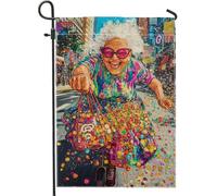 Drapeau De Jardin Grand-Mère Dynamique Et Colorée, Femme Âgée Qui Attire Le Regard Drapeaux Avec Œillets Décoratifs Bannière Extérieure Pour Anniversaire Célébration Balcon 70X102Cm