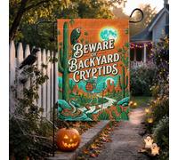 Drapeau de jardin Halloween avec citation effrayante du désert Cryptide | Paysage du désert, drapeau de pelouse, squelette randonneur, vautour, cactus, pleine lune, typographie vintage