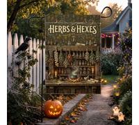 Drapeau de jardin Halloween avec citation hexes et herbes - 30,5 x 45,7 cm | Thème sorcellerie, drapeau de cour, paquets d'herbes séchées, bouteilles de potion, chaudron bouillonnant