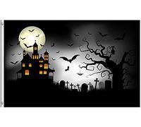Drapeau De Jardin Halloween Scary Castle Cat Bats Moon Tree Graveyard Hallowmas Pride Flag Premium Drapeau De Bienvenue Couleur Vive Drapeaus Décoratif Pour Patio Cour Pavillon 152X90CM