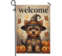 Drapeau de jardin Halloween Yorkshire Terrier Sorcière 30,5 x 45,7 cm | Chapeau de sorcière, drapeau de cour, lanternes, papillons monarques, thème effrayant, décoration d'automne