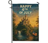 Drapeau de jardin « Happy 4th of July » - Château coloré et feux d'artifice - Décoration extérieure - Bannière double face en toile de jute - Décoration de cour - 30,5 x 45,7 cm