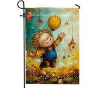 Drapeau de jardin Happy Child, ballon coloré et papillon, décoration extérieure, drapeau double face en toile de jute pour célébration du printemps et de l'été, 30,5 x 45,7 cm