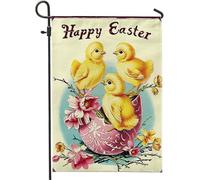Drapeau de jardin Happy Easter Coquille d'œuf Fleur Vintage Classique Ferme Art Beige Lin Pelouse Décor Double Face Extérieur Porche Camping Clôture Murale Famille Maison Pâques Décorations Drapeau