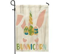 Drapeau de jardin Happy Easter Day - Ferme française - Cheval - Oreilles de lapin - Bois beige - Lin vertical - Taille standard - Décoration de fête - Décoration de pelouse - Vacances - Double face