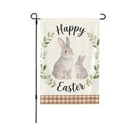 Drapeau de jardin Happy Easter double face 71,1 x 101,6 cm, couronne de lapin pour l'extérieur, décoration extérieure, décorations de cour de vacances pour toutes les saisons