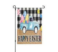 Drapeau de jardin « Happy Easter » double face 71,1 x 101,6 cm, drapeaux d'œufs de Pâques pour l'extérieur, camions à carreaux, fleurs, décoration d'extérieur, décorations de cour de vacances pour