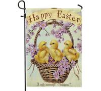 Drapeau de jardin Happy Easter - Fleurs de cerisier - Panier de ferme - Maison de campagne rustique - Lin beige - Décoration double face - Pour porche de camping - Clôture murale - Décoration de
