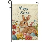 Drapeau de jardin « Happy Easter » - Joli lapin floral - Décoration extérieure - Décoration extérieure - Drapeau double face en toile de jute pour décoration de pelouse - 30,5 x 45,7 cm