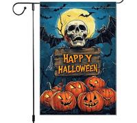 Drapeau de jardin « Happy Halloween » double face avec tête de mort, citrouille, chauve-souris, panneau décoratif pour pelouse d'automne