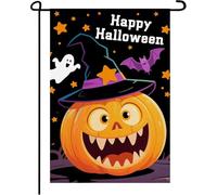 Drapeau de jardin « Happy Halloween » - Drapeau d'extérieur - Impression double face - Citrouille, fantômes, chauve-souris, sorcière H