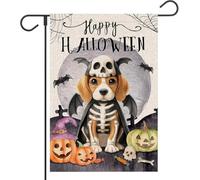 Drapeau de jardin Happy Halloween fantôme chien double face Teckel Squelette Jack O'Lantern Vacances à l'extérieur cour extérieur