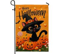 Drapeau de jardin Happy Halloween pour chat, chat sorcière orange avec citrouilles et bonbons, bannière de décoration d'intérieur, drapeau de cour double face en toile de jute pour décoration de