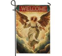 Drapeau de jardin Heavenly Welcome - Décoration angélique pour toutes les saisons - Bannière de bienvenue vibrante pour fêtes en plein air, décoration de pelouse - 30,5 x 45,7 cm