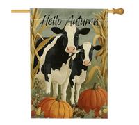 Drapeau de jardin Hello Autumn - Bannière de décoration d'intérieur - Vaches noires et blanches - Double face rustique - Décoration extérieure - 71 x 101 cm