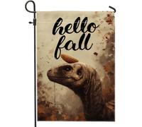 Drapeau de jardin Hello Fall dinosaure, couleurs d'automne rustiques, décoration d'extérieur, bannière double face en toile de jute pour décoration de la maison, 30,5 x 45,7 cm