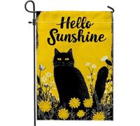 Drapeau de jardin Hello Sunshine Cat - Bannière florale jaune - Double face en toile de jute - Décoration de pelouse extérieure - 30,5 x 45,7 cm