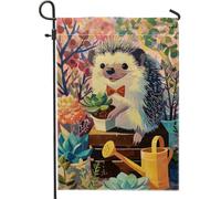 Drapeau de jardin hérisson, arrosoir fantaisiste et ludique en toile de jute double face pour extérieur, terrasse, pelouse, porche, balcon, 30,5 x 45,7 cm
