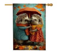 Drapeau de jardin hérisson d'automne, adorable couple avec parapluie, bannière de décoration d'intérieur, drapeau double face en toile de jute, décoration extérieure saisonnière 71,1 x 101,6 cm