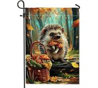 Drapeau de jardin hérisson d'automne, jolie décoration d'automne de forêt avec champignons, bannière double face pour décoration de pelouse extérieure de Thanksgiving, 30,5 x 45,7 cm