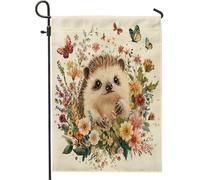 Drapeau de jardin hérisson printanier 30,5 x 45,7 cm pour extérieur, motif floral vintage en lin standard, drapeau de maison, cour, pelouse, décoration extérieure