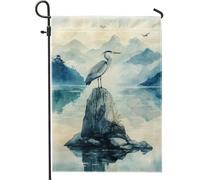 Drapeau de jardin héron bleu serein, bannière de cour extérieure avec reflet de montagne aquarelle, drapeau décoratif double face pour décoration d'intérieur printemps-été, 30,5 x 45,7 cm