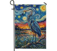 Drapeau de jardin héron, impressionnisme, nature, étoiles d'eau, bleu d'été, toile de jute double face, drapeaux décoratifs pour extérieur, pelouse, porche, terrasse, entrée, 30,5 x 45,7 cm