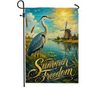 Drapeau de jardin héron, nature d'été lac vaillant bleu d'été double face en toile de jute petit drapeau de jardin pour extérieur, pelouse, porche, terrasse, entrée 30,5 x 45,7 cm