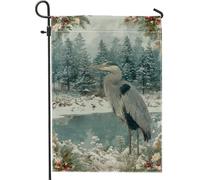 Drapeau de jardin héron, pin rustique d'hiver en toile de jute bleu neige, drapeau décoratif double face pour extérieur, pelouse, porche, terrasse, entrée, 30,5 x 45,7 cm