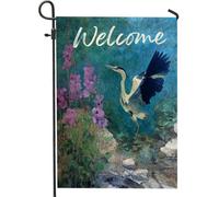 Drapeau de jardin héron printemps été, bannière florale oiseau bleu, bannière de décoration d'intérieur, œuvre d'art double face, décoration de pelouse, décoration de fête extérieure 30,5 x 45,7 cm