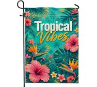 Drapeau de jardin hibiscus, feuilles tropicales vibrantes, oiseau de paradis, turquoise, double face, en toile de jute décorative pour extérieur, terrasse, pelouse, porche, entrée, camping, 30,5 x