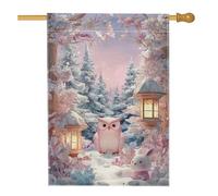 Drapeau de jardin hibou au pays des merveilles d'hiver, bannière décorative double face en toile de jute, décoration extérieure de vacances, 71 x 101,6 cm