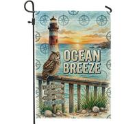 Drapeau de jardin, hibou nautique côtier avec boussole d'été bleu double face en toile de jute pour extérieur, porche, pelouse, terrasse, 30,5 x 45,7 cm