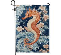 Drapeau de jardin hippocampes bleu océan, bannière de jardin de printemps vie marine corail, tissu double face, décoration de pelouse extérieure, pétales et style mer, 30,5 x 45,7 cm