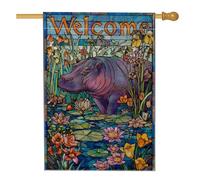 Drapeau de jardin hippopotame accueillant, décoration florale multicolore vive pour le printemps et l'été, décoration de pelouse extérieure de style vitrail, bannière de bienvenue double face, 71,1 x