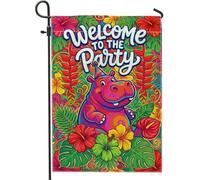 Drapeau de jardin hippopotame - Feuilles d'hibiscus tropicales colorées - Pêche d'été - Double face en toile de jute - Petit drapeau de jardin pour extérieur, pelouse, porche, terrasse, entrée - 30,5