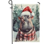 Drapeau de jardin hippopotame Merry Christmas - 30,5 x 45,7 cm - Double face pour décoration extérieure - Motif animal de Noël amusant pour l'hiver - Drapeau de maison, vacances sauvages - Petit