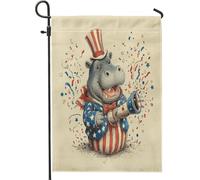 Drapeau de jardin hippopotame patriotique, confettis d'étoiles rouges et bleues, bannière de décoration d'intérieur, bannière double face en toile de jute pour décoration de pelouse 30,5 x 45,7 cm