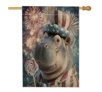 Drapeau de jardin hippopotame patriotique du 4 juillet, feu d'artifice animal art extérieur pelouse décoration de fête double face en toile de jute bannière décoration de fête de vacances 30,5 x 45,7