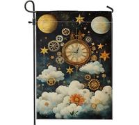 Drapeau de jardin horloge céleste Steampunk, vintage doré lune étoiles, bannière de décoration extérieure, drapeau de cour double face en tissu, décoration de la maison, 30,5 x 45,7 cm