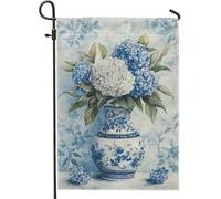 Drapeau de jardin hortensia bleu printemps été élégant vase floral, décoration extérieure, drapeau de patio en tissu double face pour la décoration de la maison, 12 x 18 pouces