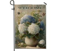 Drapeau de jardin hortensia, floral vintage papillon, fleur, printemps bleu toile de jute double face, petit drapeau de jardin pour extérieur, pelouse, porche, terrasse, entrée, 30,5 x 45,7 cm