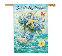 Drapeau De Jardin Hortensias, Étoiles De Mer Et Papillons Inspirés Par La Nature Côtière Drapeaux Décoratifs Personnalisée Bannière Extérieure Pour Décorations Célébration Balcon 70X102Cm