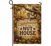Drapeau de jardin humoristique avec citation de bienvenue en automne 30,5 x | Citation humoristique d'automne, drapeau de cour, illustration d'animaux de la forêt, feuilles et glands de chêne vibrants
