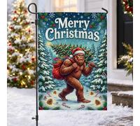 Drapeau de jardin humoristique avec citation de Noël Sasquatch 30,5 x 45,7 | Personnage Sasquatch, drapeau de cour, forêt d'hiver, paysage enneigé, chapeau de Père Noël, sac cadeau, pommes de pin