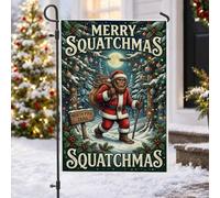 Drapeau de jardin humoristique avec citation du Père Noël Sasquatch 30,5 x | Père Noël Sasquatch, drapeau de cour, forêt enneigée, baies de houx, panneau de sentier du pôle Nord