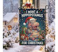 Drapeau de jardin humoristique avec citation hippopotame de Noël 30,5 x | Chapeau de Père Noël, drapeau de cour, guirlande lumineuse colorée, boîtes cadeaux empilées, sucre d'orge, chute de neige